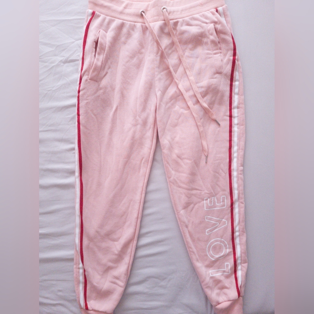 Pink 'LOVE' Lounge Joggers & Hood with Red White Stripes
